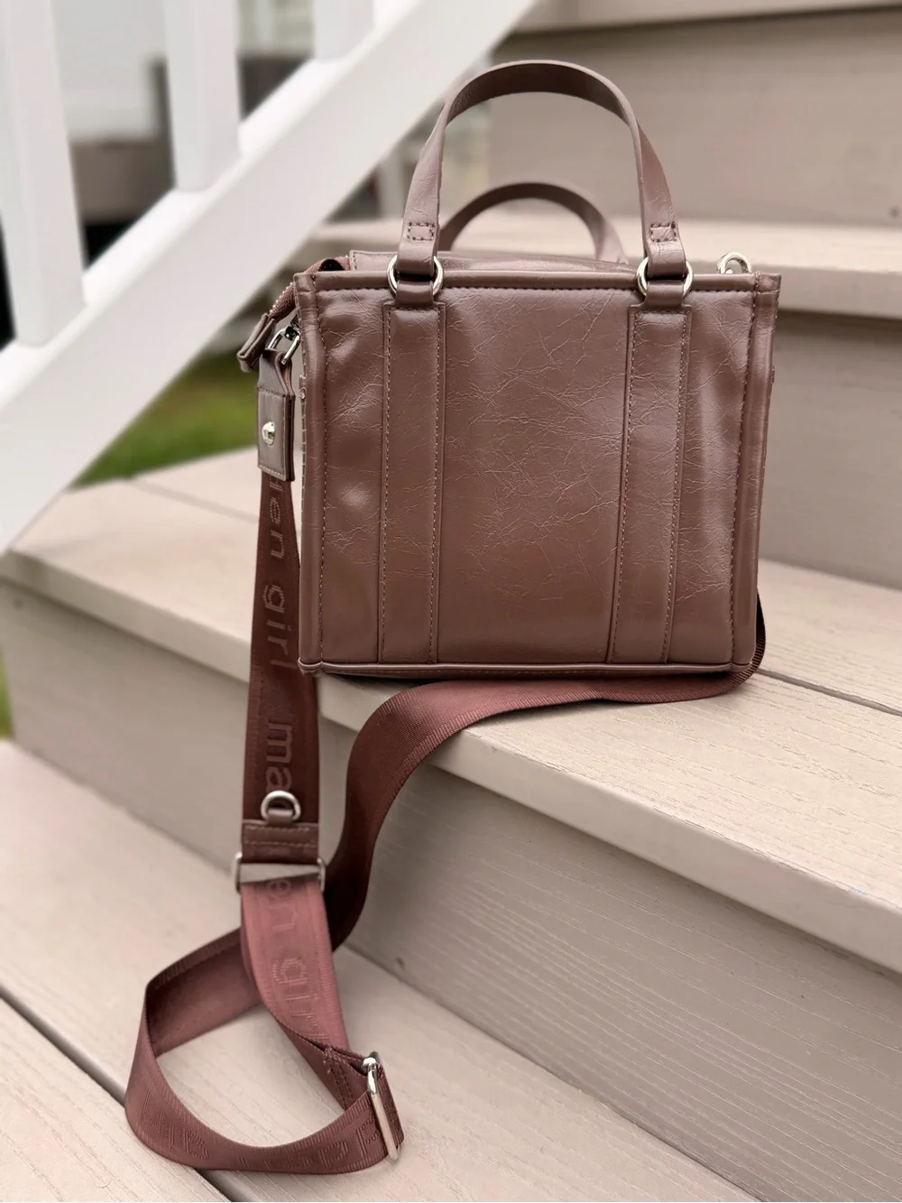 Madden Girl Brown Satchel Crossbody Bag with Branded Strap & Animal Print Pouch